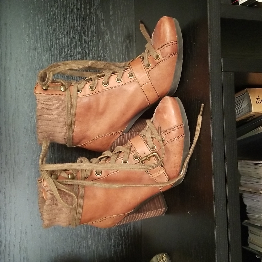 Nine West Cuzza Brown Leather and Knit Booties Sz 6.5